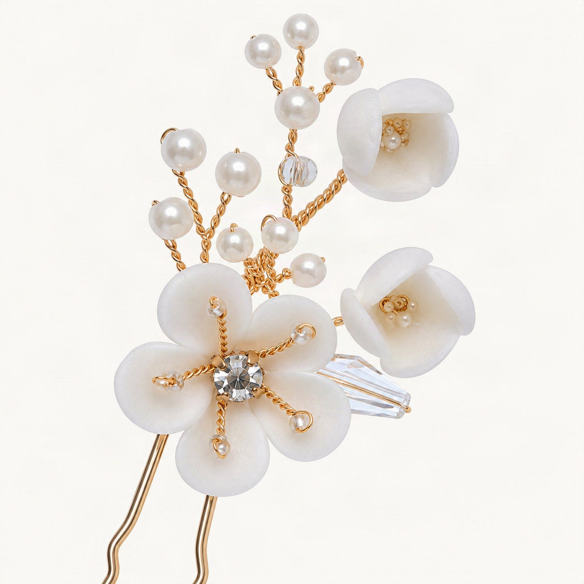 Gold ceramic flower hair pin - detail [FITINY Hair]