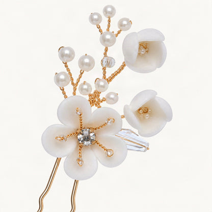 Gold ceramic flower hair pin - detail [FITINY Hair]