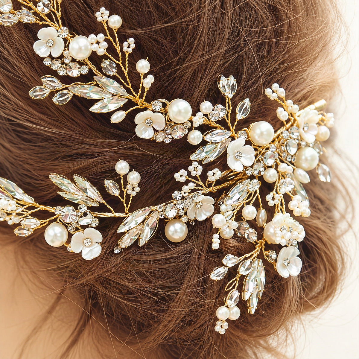 Gold bridal hair vine floral crystal detail [FITINY Hair]