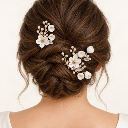 Gold ceramic flower hair pins - rear bun styling [FITINY Hair]