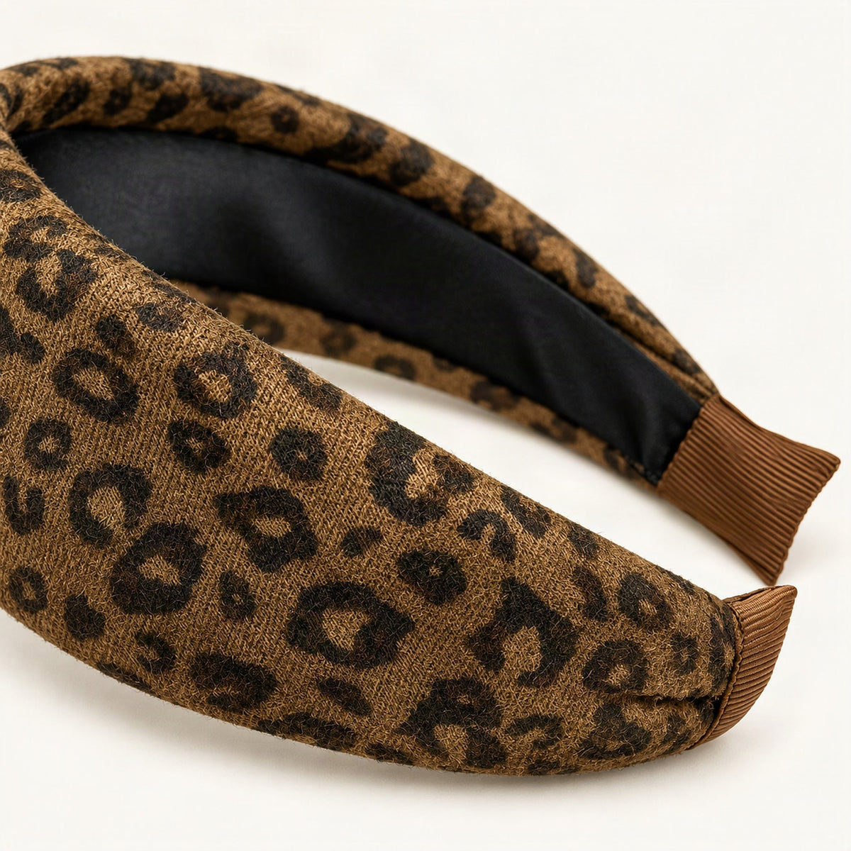 Wide Padded Fabric Headband with Textured Finish — leopard fabric and lining detail [FITINY Hair]