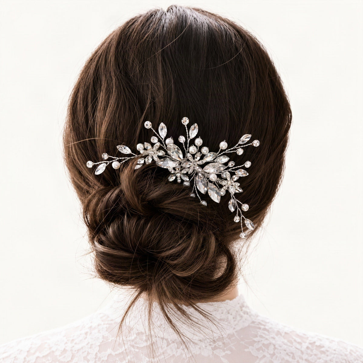 Silver Crystal Cascade bridal comb rear worn view, no face [FITINY Hair]