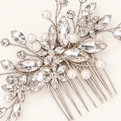 Silver Crystal Cascade bridal comb crystal flower and wire detail [FITINY Hair]