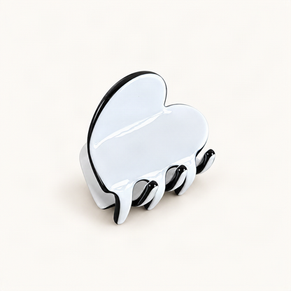 Mini Cellulose Acetate Heart Claw Clip, 1.3 in — White & Black three-quarter view [FITINY Hair]