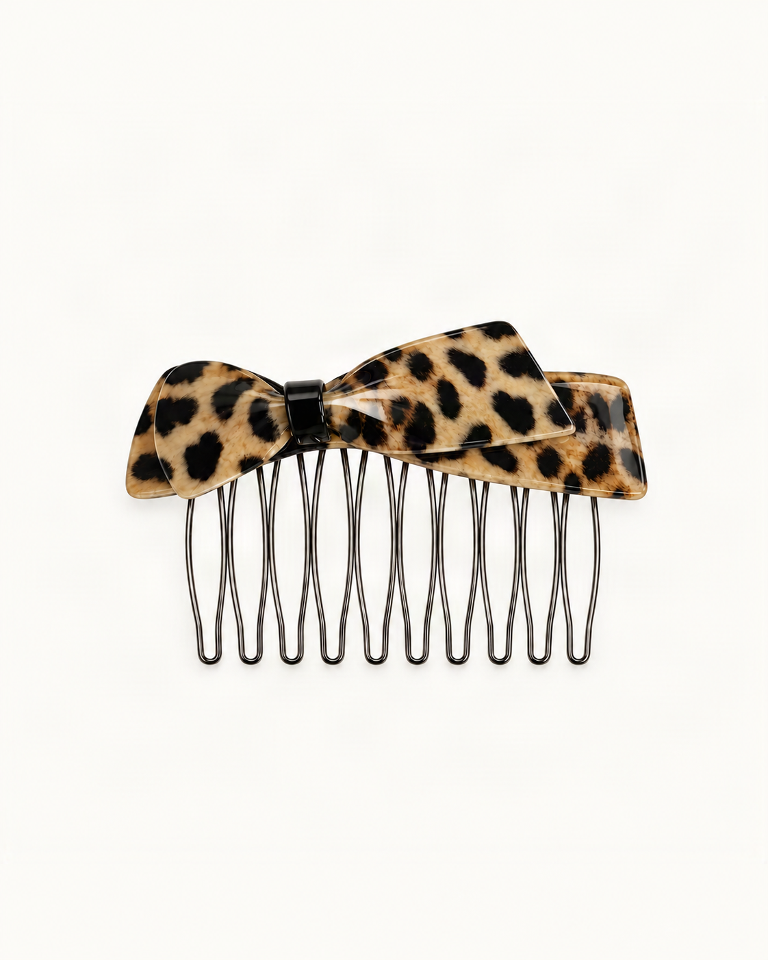 Cellulose Acetate Double Bow Insert Comb — Leopard variant on warm ivory background [FITINY Hair]