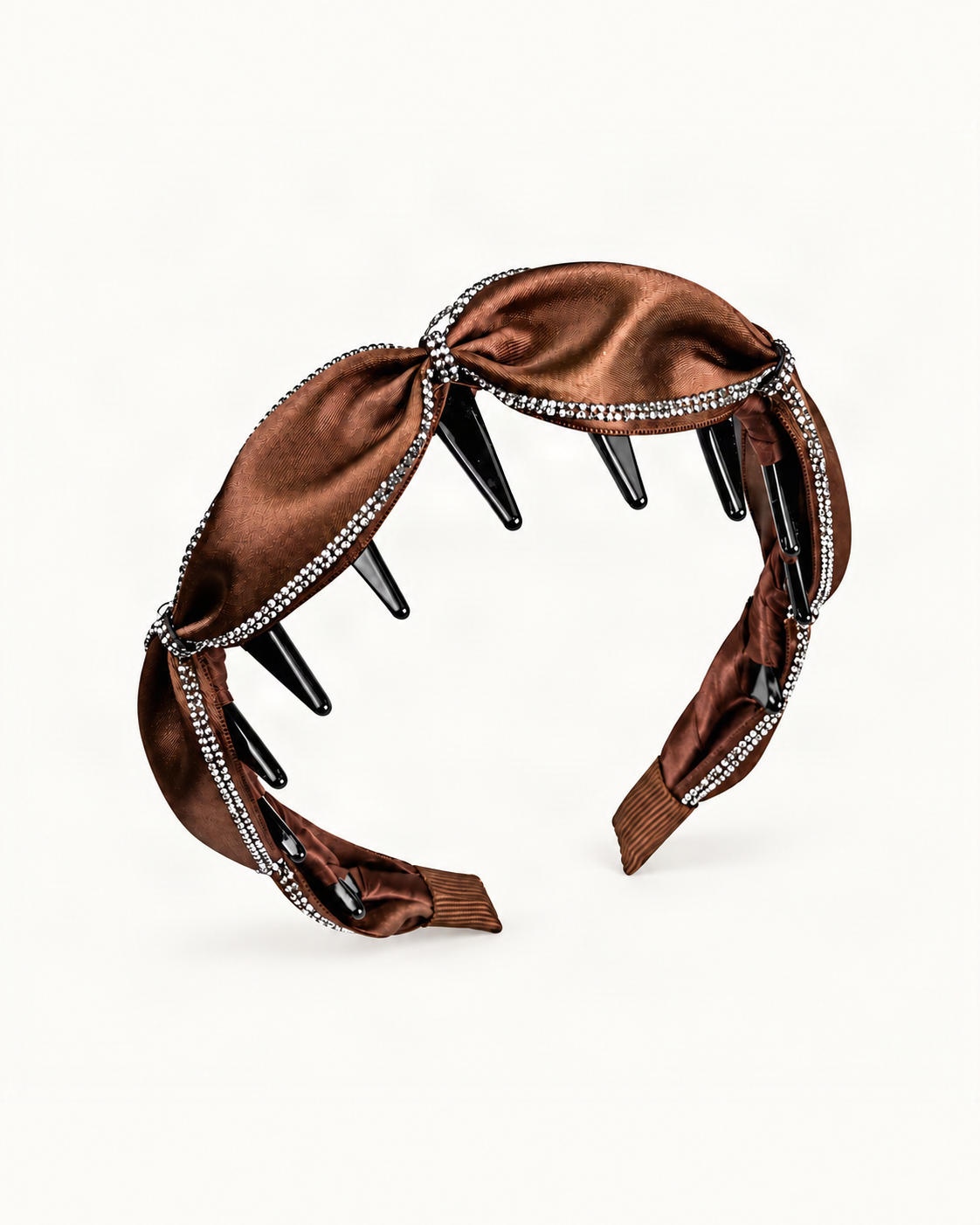Satin Rhinestone Bow Headband with Toothed Lining — Chocolate variant on warm ivory background [FITINY Hair]