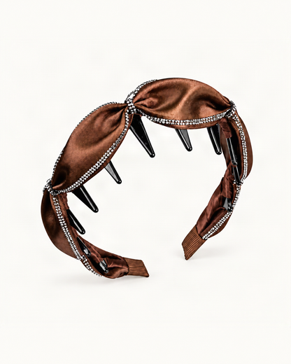 Satin Rhinestone Bow Headband with Toothed Lining — Chocolate variant on warm ivory background [FITINY Hair]