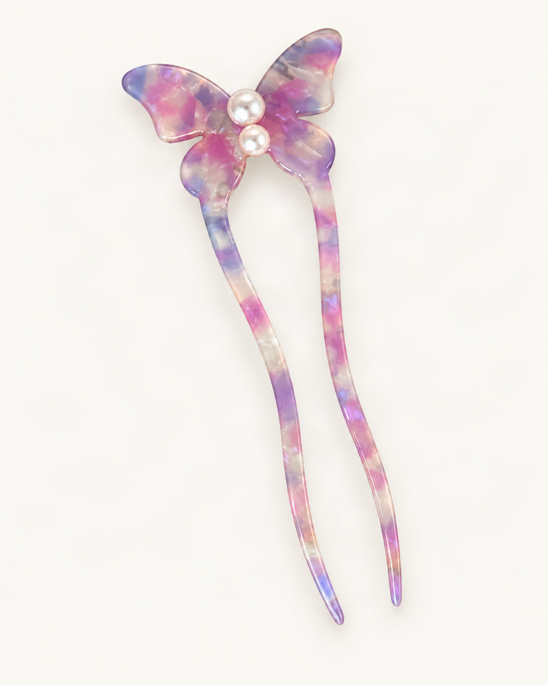 Acetate Butterfly U-Shaped Hair Pin — Purple Floral variant on warm ivory background [FITINY Hair]