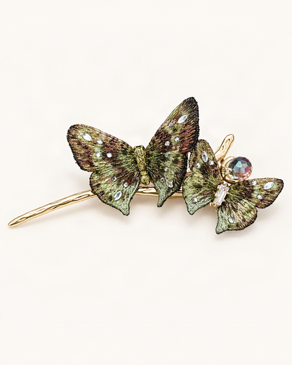 Embroidered Butterfly Hair Stick — Green variant on warm ivory background [FITINY Hair]