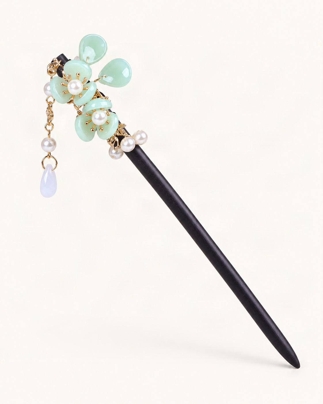 Double Blossom Wood Hair Stick with Dangle Chains — Green variant on warm ivory background [FITINY Hair]