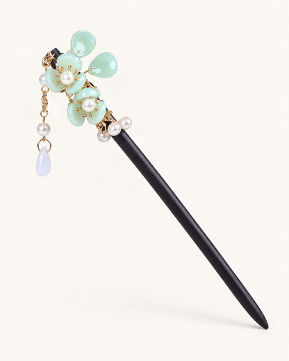 Double Blossom Wood Hair Stick with Dangle Chains — Green variant on warm ivory background [FITINY Hair]