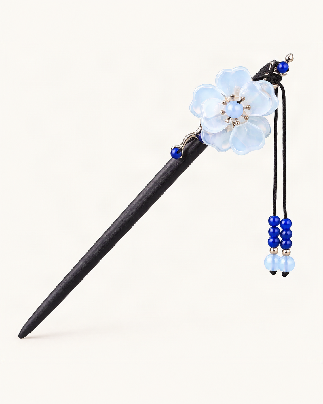 Begonia Blossom Wood Hair Stick with Charms — Blue variant on warm ivory background [FITINY Hair]