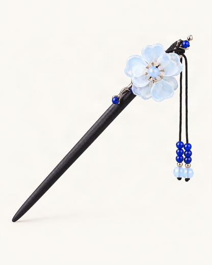 Begonia Blossom Wood Hair Stick with Charms — Blue variant on warm ivory background [FITINY Hair]