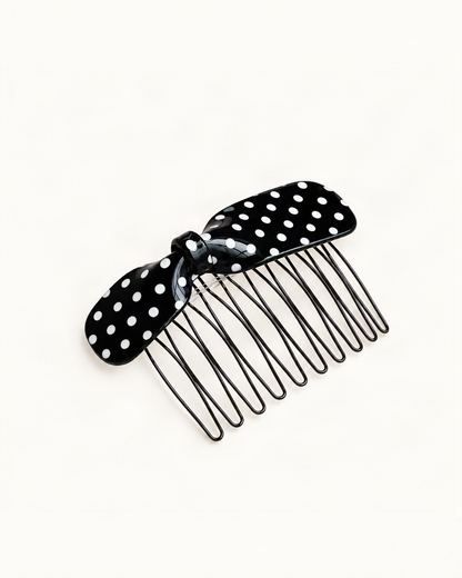 Cellulose Acetate Polka Dot Bow Side Comb — Black variant on warm ivory background [FITINY Hair]
