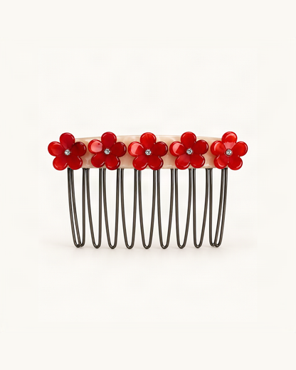 Cellulose Acetate Flower Hair Comb — Red & Cream variant on warm ivory background [FITINY Hair]