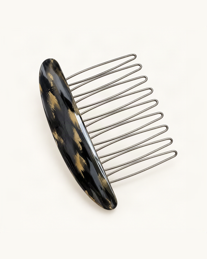 Cellulose Acetate Speckled Oval Hair Comb — Grey Speckle variant on warm ivory background [FITINY Hair]