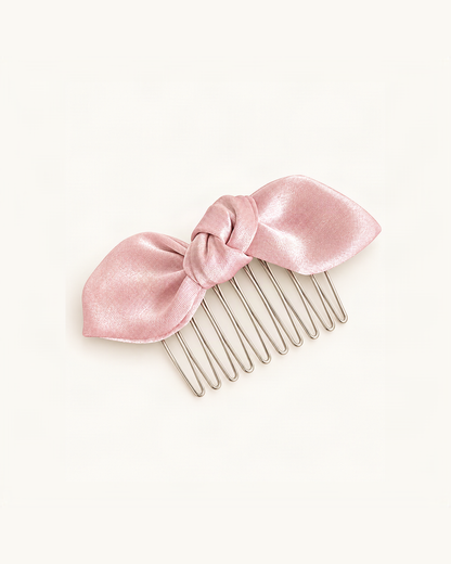 Velvet Bow Hair Comb — Pink variant on warm ivory background [FITINY Hair]