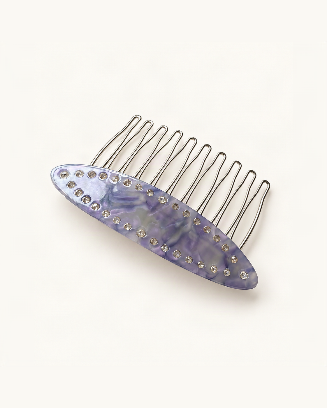 Cellulose Acetate Rhinestone Hair Comb — Purple Floral variant on warm ivory background [FITINY Hair]