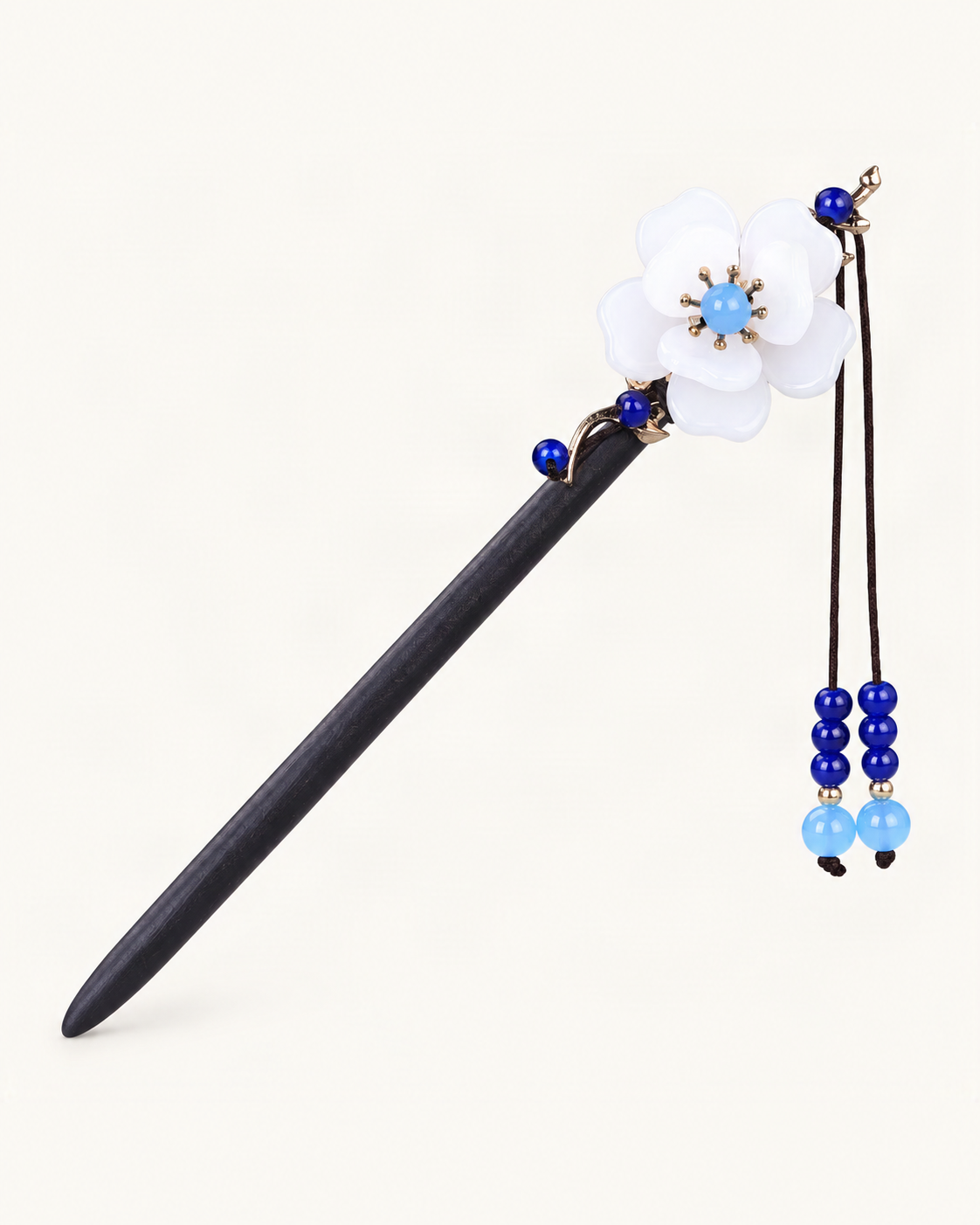 Begonia Blossom Wood Hair Stick with Charms — White variant on warm ivory background [FITINY Hair]