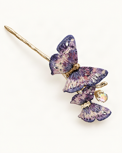Embroidered Butterfly Hair Stick — Purple variant on warm ivory background [FITINY Hair]