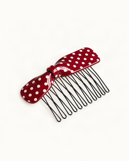 Cellulose Acetate Polka Dot Bow Side Comb — Red variant on warm ivory background [FITINY Hair]