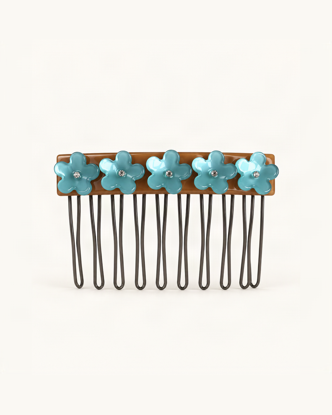 Cellulose Acetate Flower Hair Comb — Light Blue & Latte variant on warm ivory background [FITINY Hair]