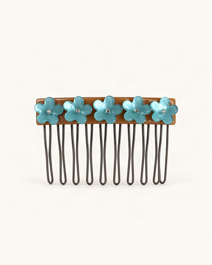 Cellulose Acetate Flower Hair Comb — Light Blue & Latte variant on warm ivory background [FITINY Hair]