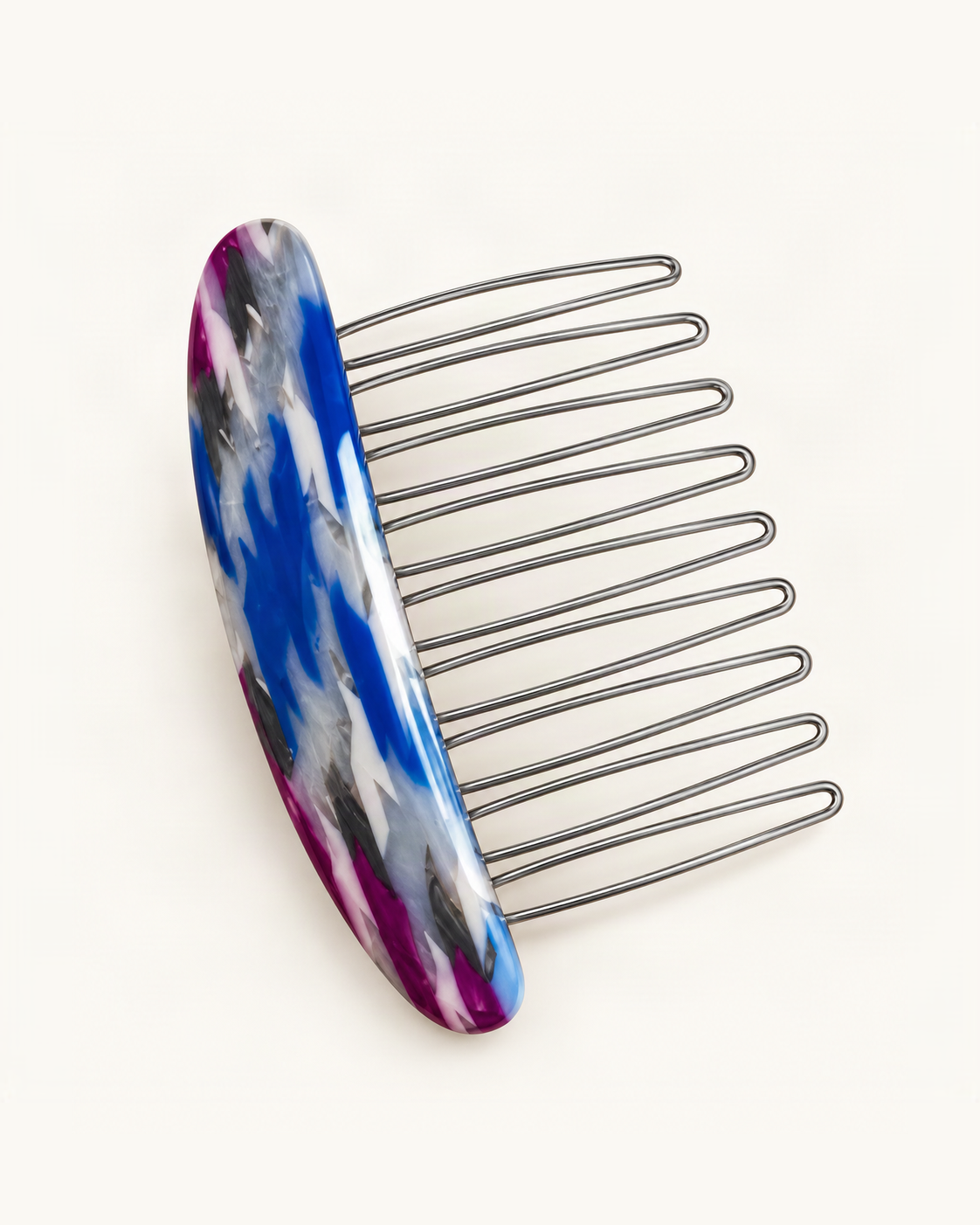 Cellulose Acetate Speckled Oval Hair Comb — Blue Speckle variant on warm ivory background [FITINY Hair]