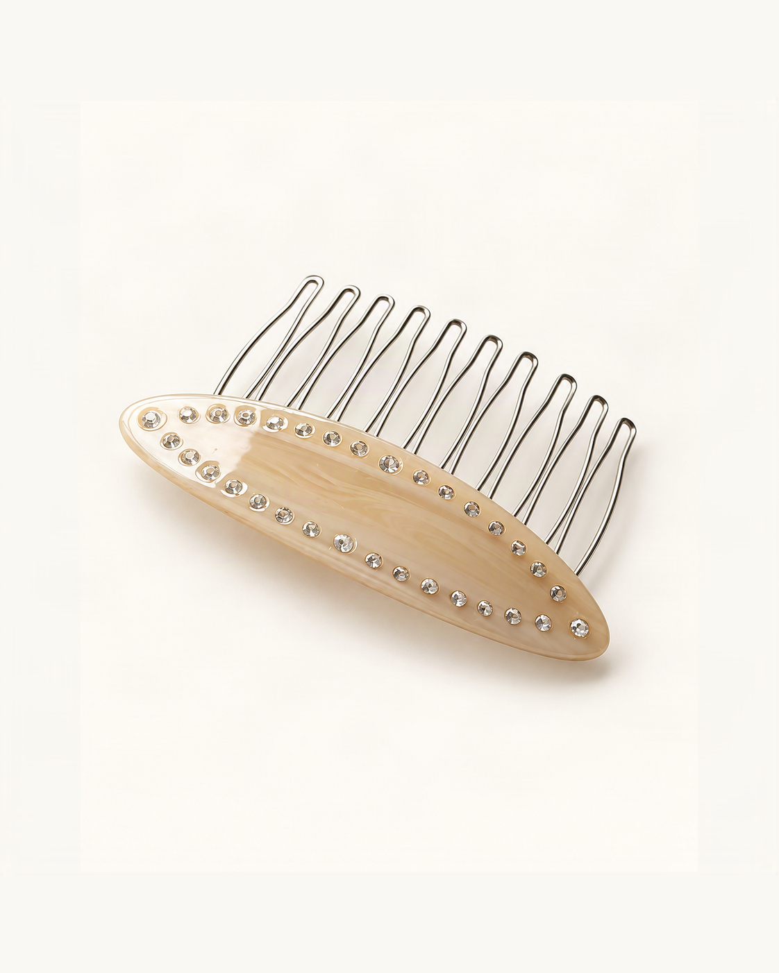 Cellulose Acetate Rhinestone Hair Comb — Cream Stripe variant on warm ivory background [FITINY Hair]