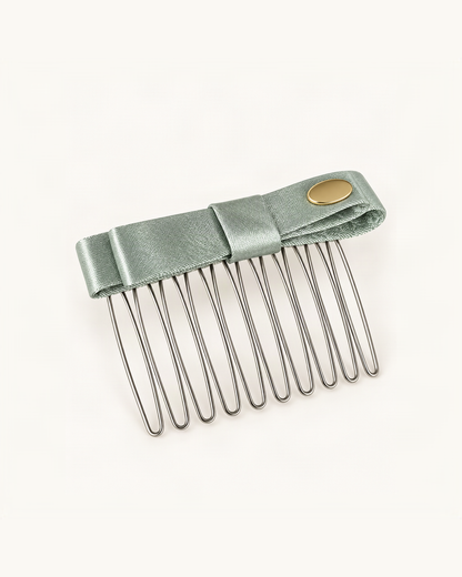 Satin Bow Side Comb — Light Green variant on warm ivory background [FITINY Hair]