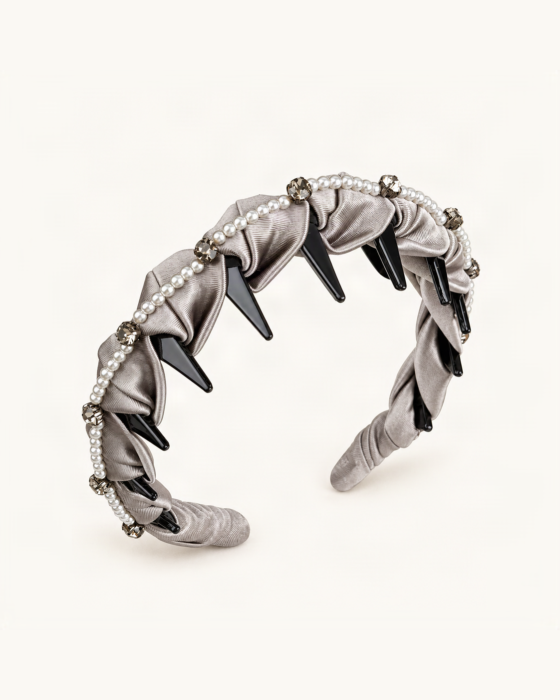 Braided Satin Headband with Pearls and Rhinestones — Grey variant on warm ivory background [FITINY Hair]