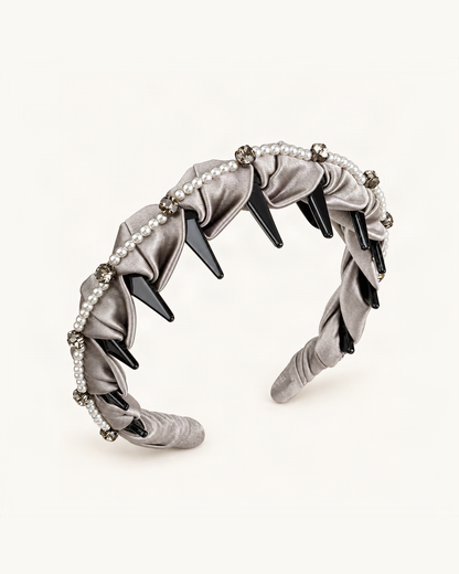 Braided Satin Headband with Pearls and Rhinestones — Grey variant on warm ivory background [FITINY Hair]