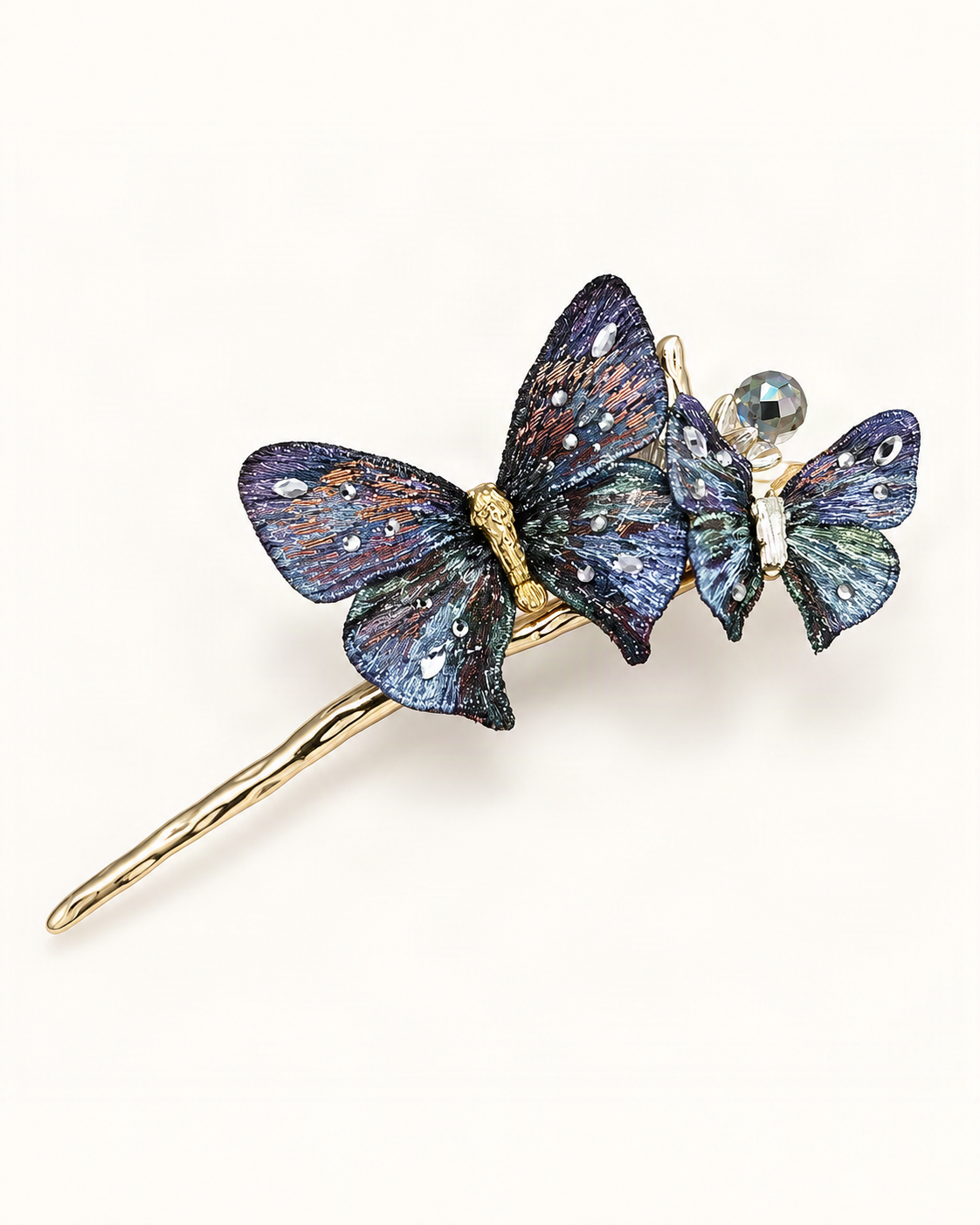 Embroidered Butterfly Hair Stick — Blue variant on warm ivory background [FITINY Hair]