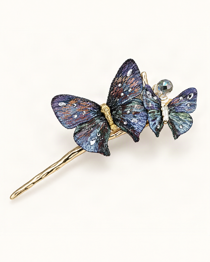 Embroidered Butterfly Hair Stick — Blue variant on warm ivory background [FITINY Hair]
