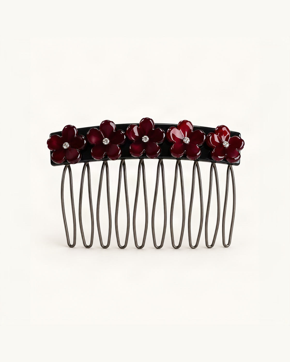 Cellulose Acetate Flower Hair Comb — Burgundy & Black variant on warm ivory background [FITINY Hair]