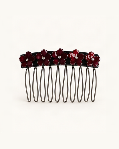 Cellulose Acetate Flower Hair Comb — Burgundy & Black variant on warm ivory background [FITINY Hair]
