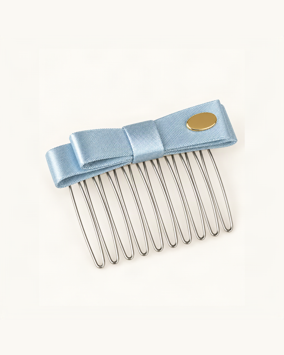 Satin Bow Side Comb — Light Blue variant on warm ivory background [FITINY Hair]