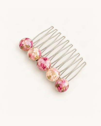 Cellulose Acetate Round Bead Side Comb — Floral variant on warm ivory background [FITINY Hair]