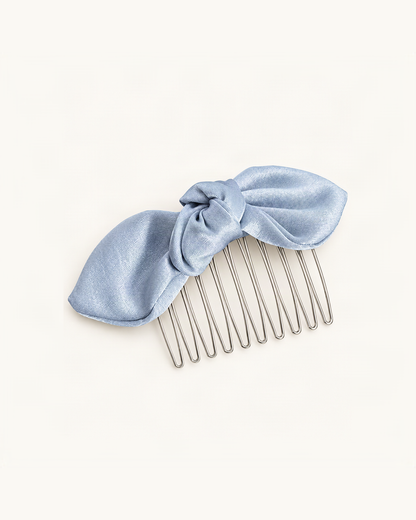 Velvet Bow Hair Comb — Blue variant on warm ivory background [FITINY Hair]