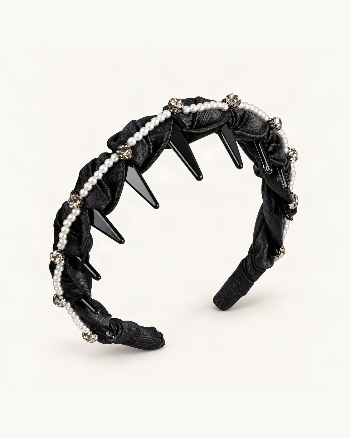 Braided Satin Headband with Pearls and Rhinestones — Black variant on warm ivory background [FITINY Hair]