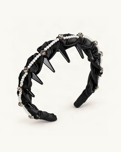 Braided Satin Headband with Pearls and Rhinestones — Black variant on warm ivory background [FITINY Hair]
