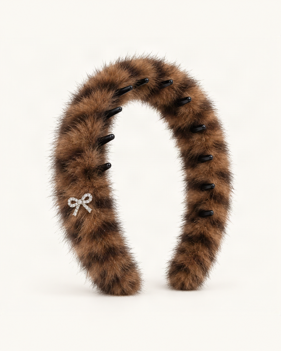 Faux Fur Headband with Toothed Lining — Leopard / Rhinestone Bow variant on warm ivory background [FITINY Hair]