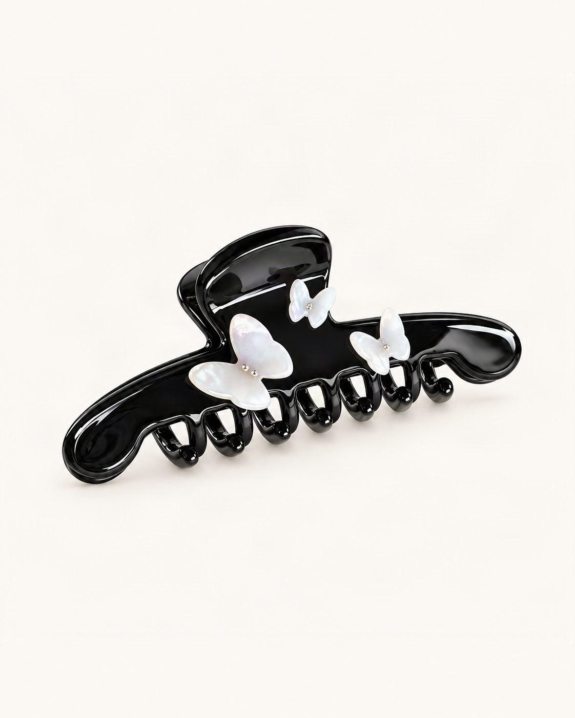 Cellulose Acetate Claw Clip with Faux Pearl Butterfly — Black / Butterfly variant on warm ivory background [FITINY Hair]