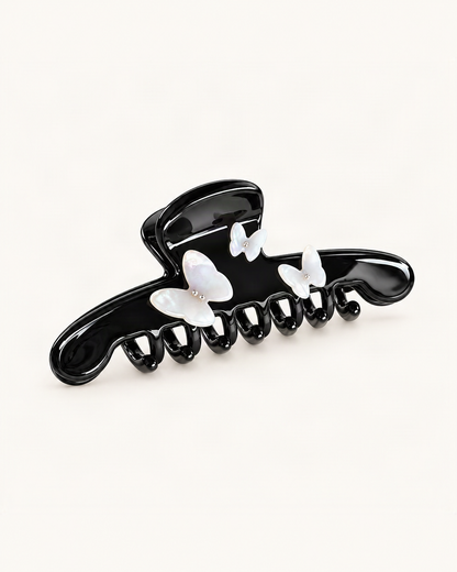 Cellulose Acetate Claw Clip with Faux Pearl Butterfly — Black / Butterfly variant on warm ivory background [FITINY Hair]