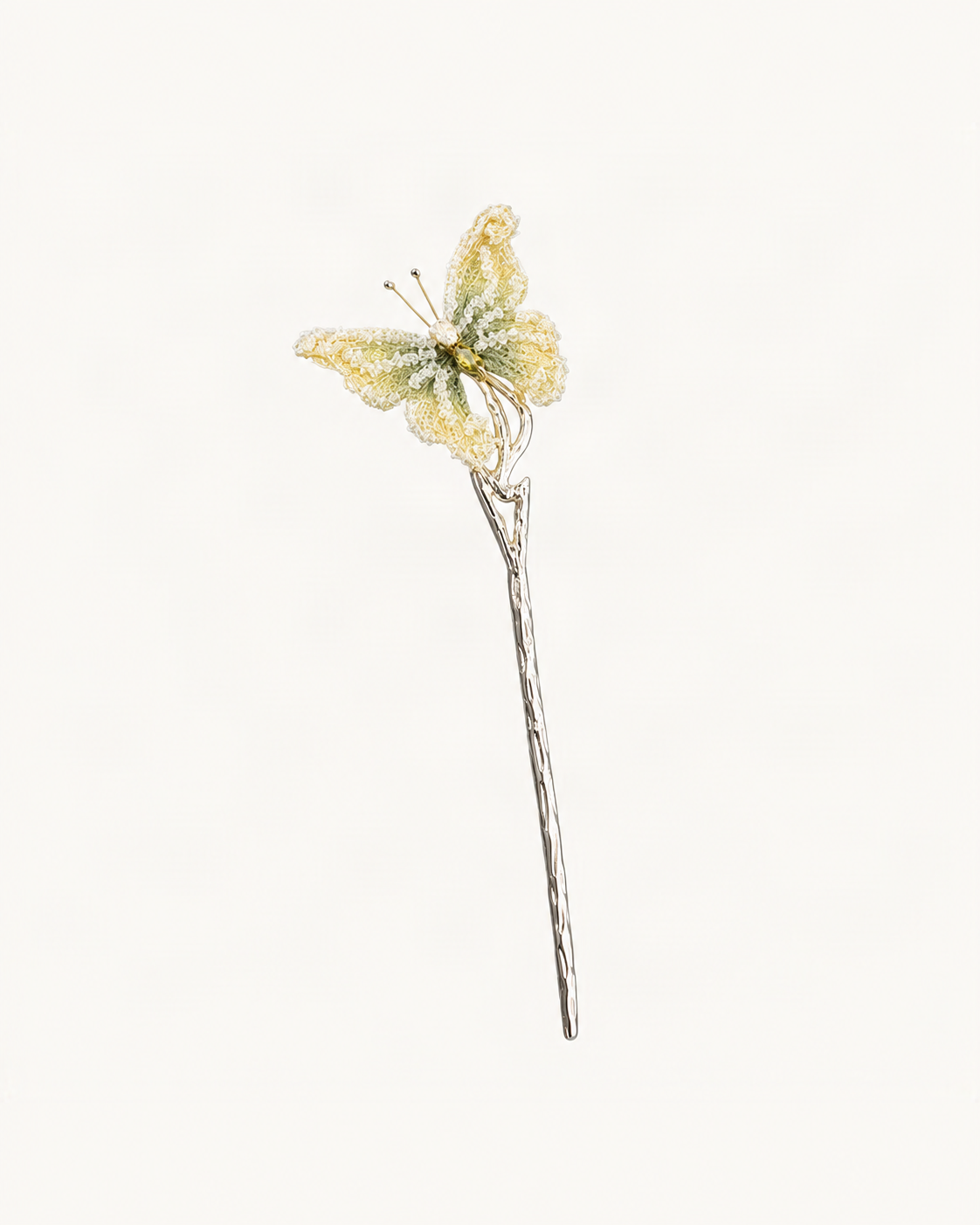 Embroidered Butterfly Metal Hair Stick — Butter variant on warm ivory background [FITINY Hair]