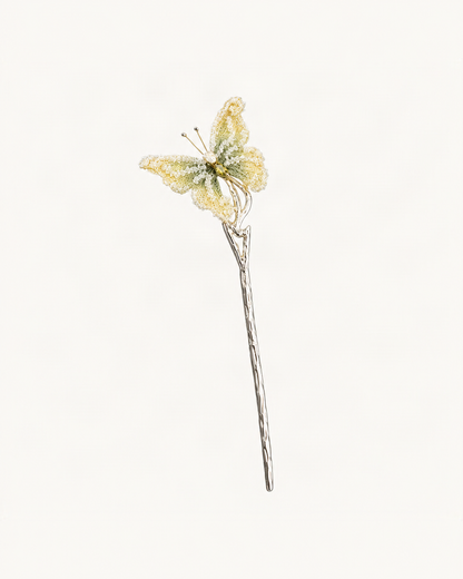 Embroidered Butterfly Metal Hair Stick — Butter variant on warm ivory background [FITINY Hair]