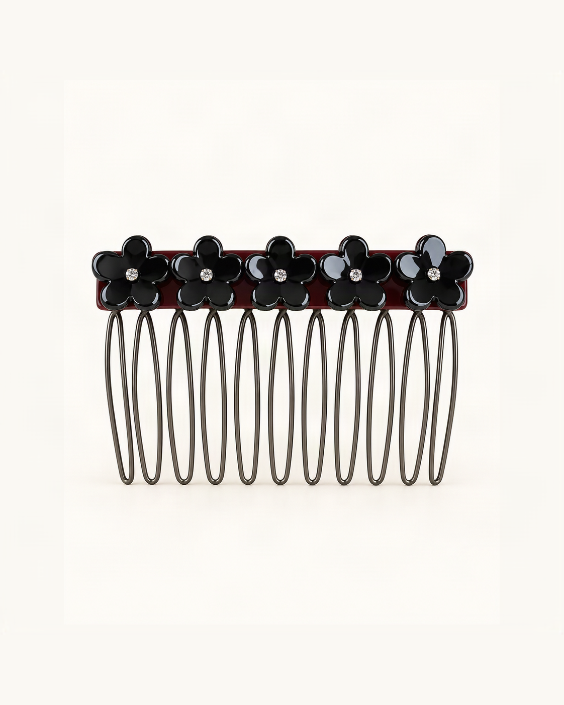 Cellulose Acetate Flower Hair Comb — Black & Burgundy variant on warm ivory background [FITINY Hair]