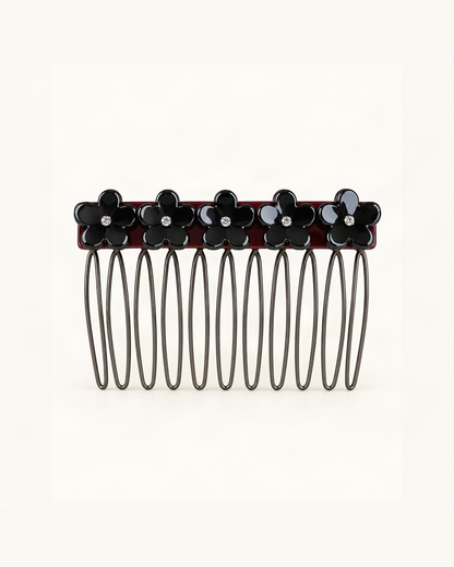 Cellulose Acetate Flower Hair Comb — Black & Burgundy variant on warm ivory background [FITINY Hair]
