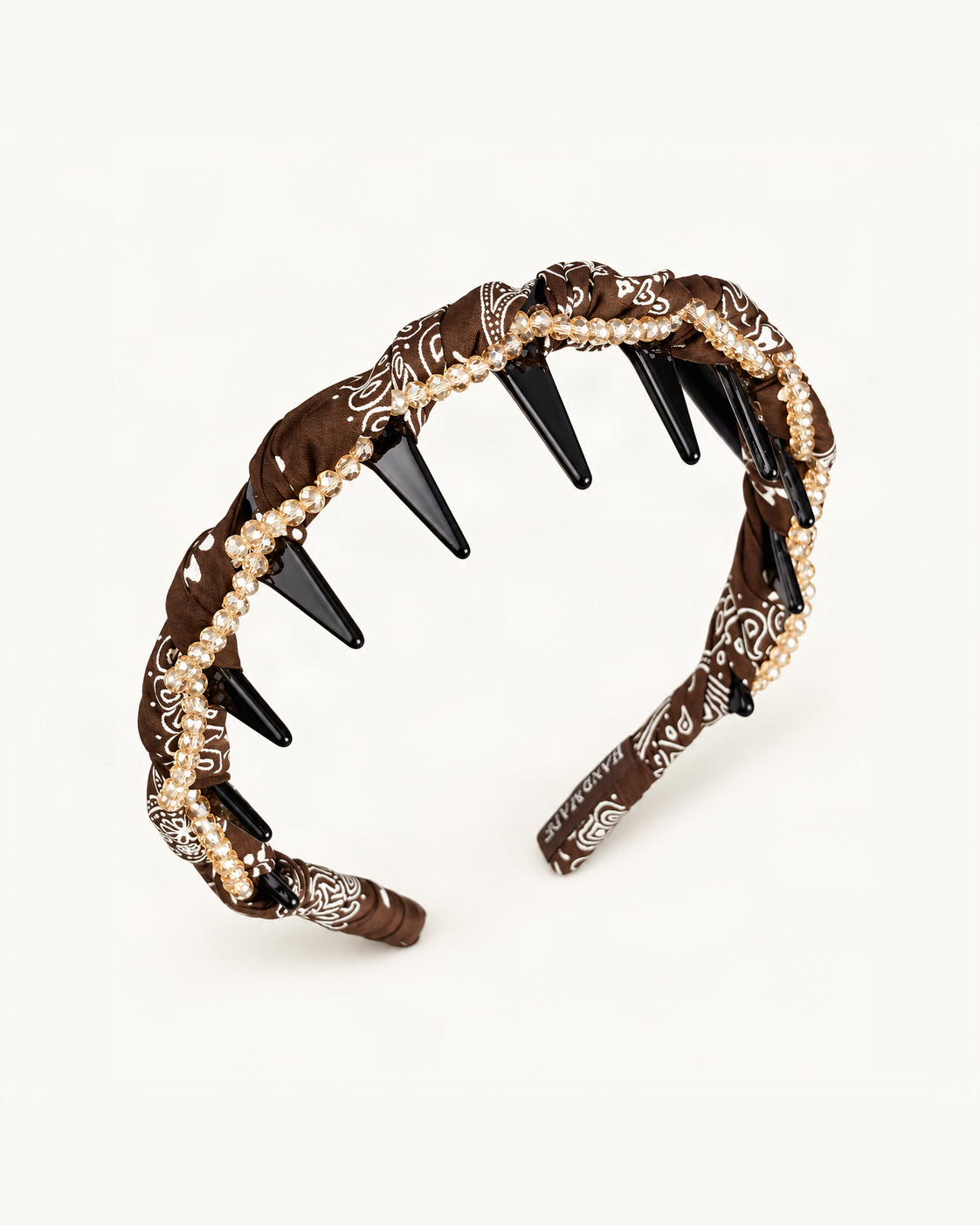 Braided Satin Headband with Pearls and Rhinestones — Brown variant on warm ivory background [FITINY Hair]