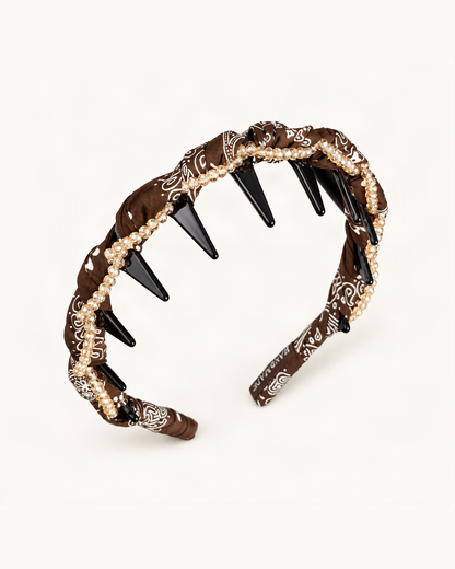 Braided Satin Headband with Pearls and Rhinestones — Brown variant on warm ivory background [FITINY Hair]
